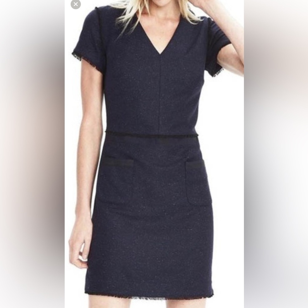 Banana Republic Navy Flecked Tweed Frayed Edge V-Neck Mini Dress